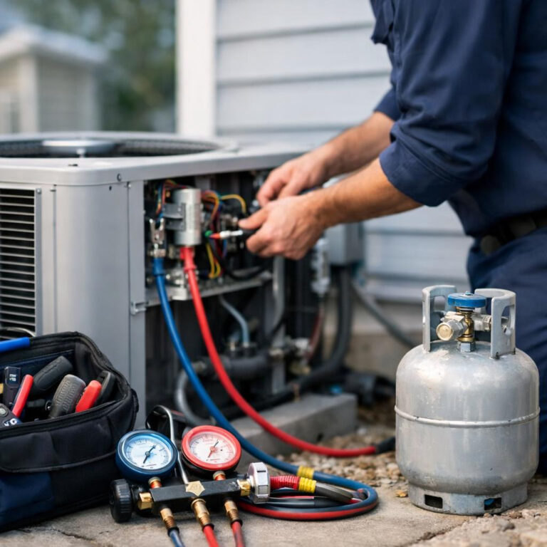 HVAC technician connecting refrigerant gauges to an outdoor air conditioning unit
