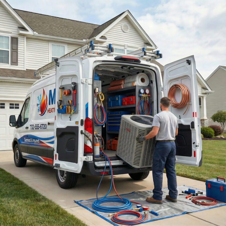 HVAC technician inspecting a heating and cooling system