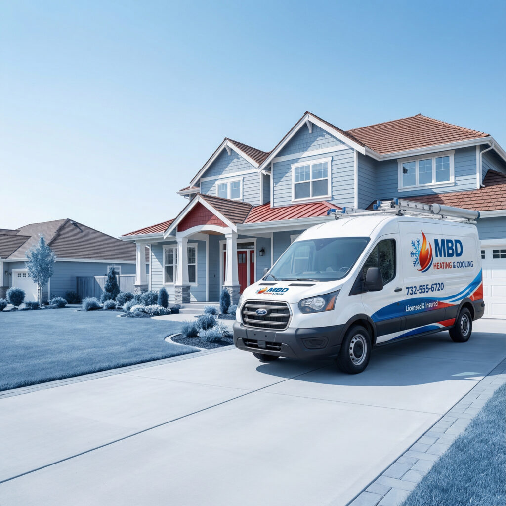MBD Heating & Cooling service van in a residential neighborhood