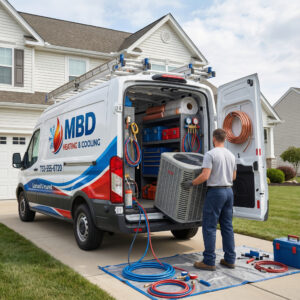 Technician unloading equipment from an MBD service van outside a home