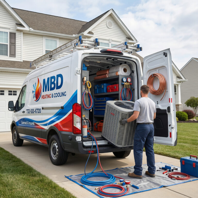 Technician unloading equipment from an MBD service van outside a home