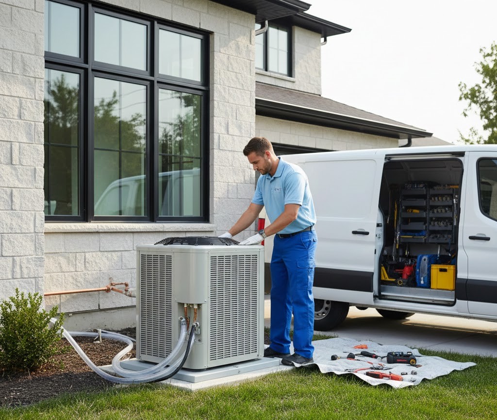 Technicians working on outdoor condensers beside a service van
