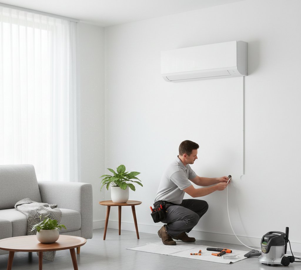 Technician installing a wall-mounted mini split in a living room
