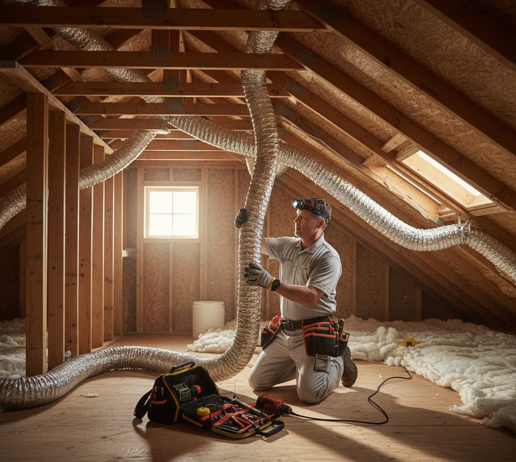 Technician installing ductwork in an attic