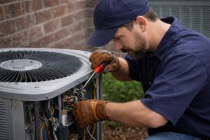 Technician servicing an outdoor air conditioning unit