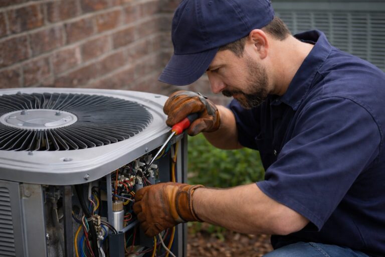 Technician servicing an outdoor air conditioning unit