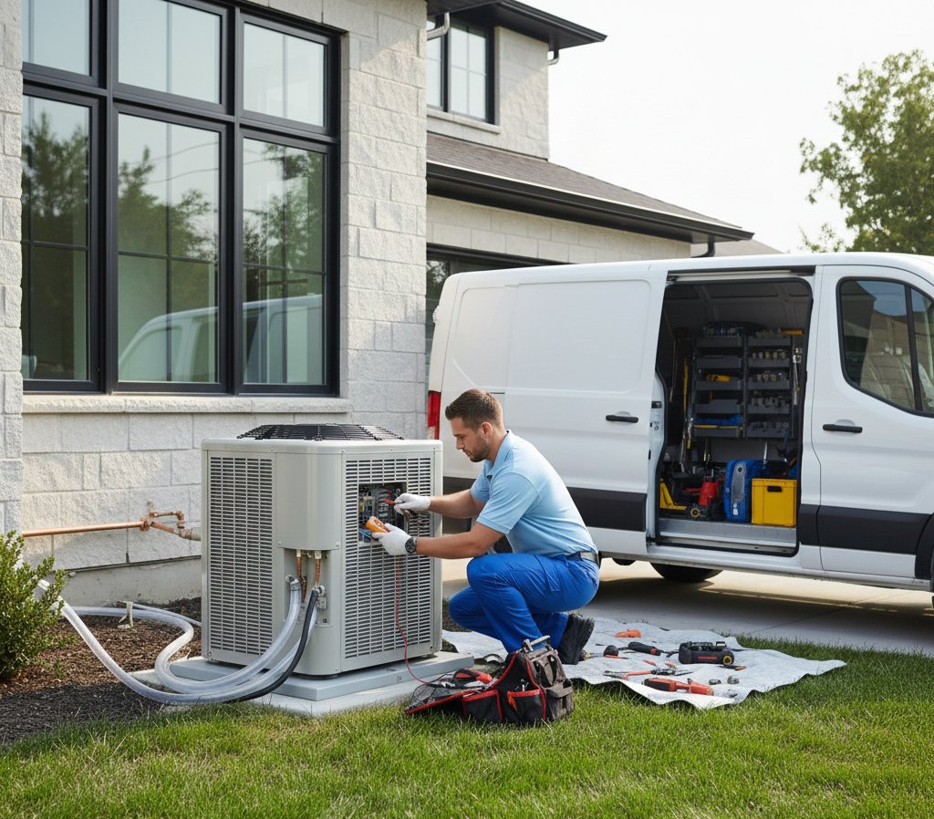 Technician servicing an outdoor condenser next to an MBD service van