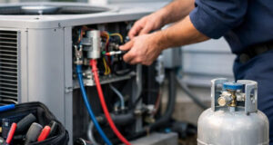 HVAC technician connecting refrigerant gauges to an outdoor air conditioning unit